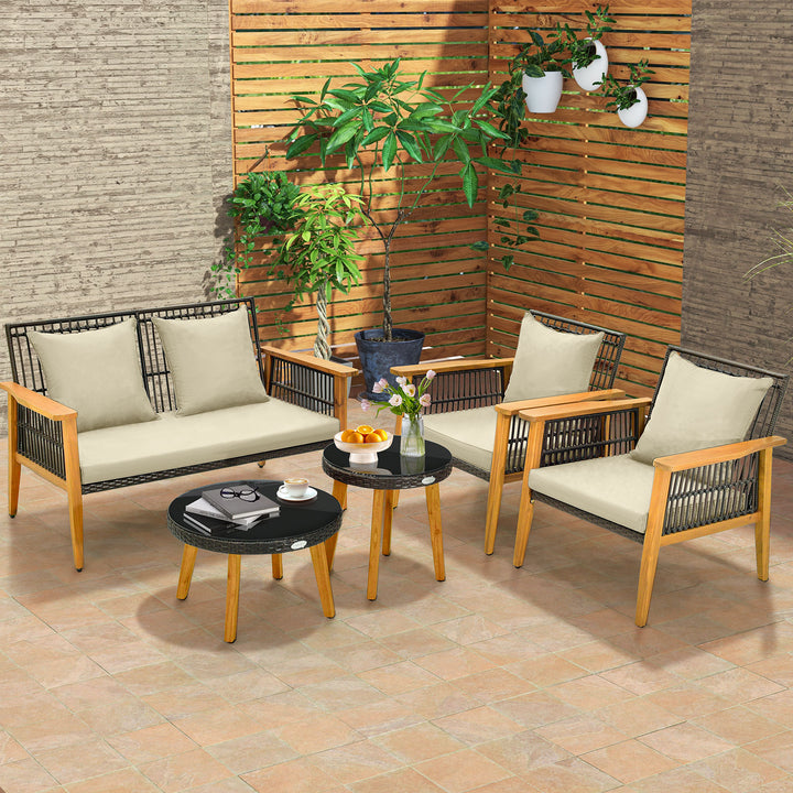 5 Pieces Outdoor Conversation Set with Acacia Wood Frame and Cushions-Brown - TidySpaces
