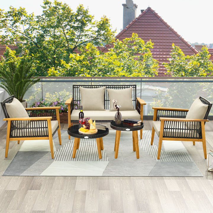 5 Pieces Outdoor Conversation Set with Acacia Wood Frame and Cushions-Brown - TidySpaces