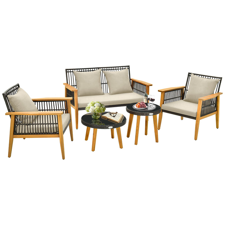 5 Pieces Outdoor Conversation Set with Acacia Wood Frame and Cushions-Brown - TidySpaces