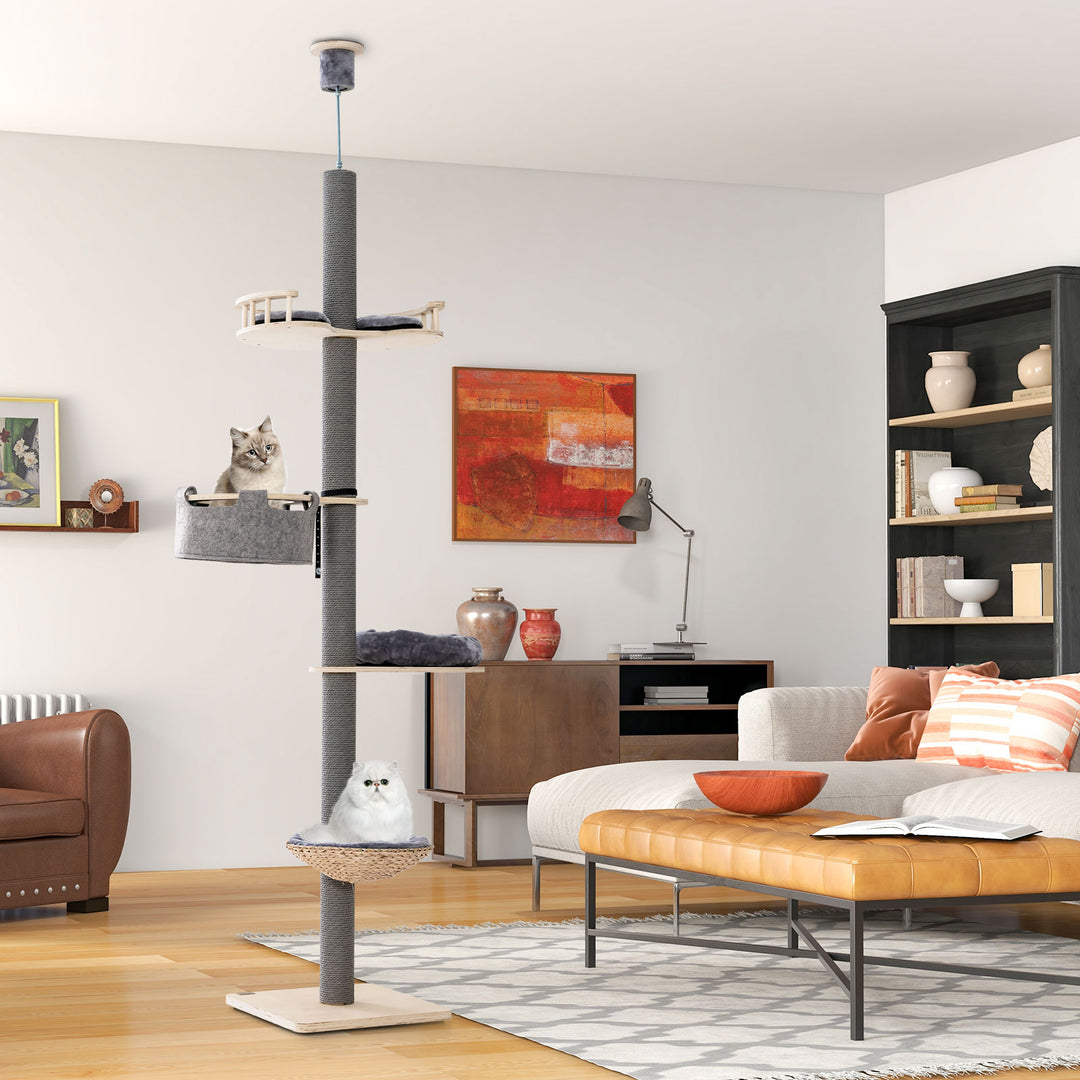 5-Tier Wooden Cat Tower Floor to Ceiling Cat Tree with Adjustable Height-Grey - TidySpaces