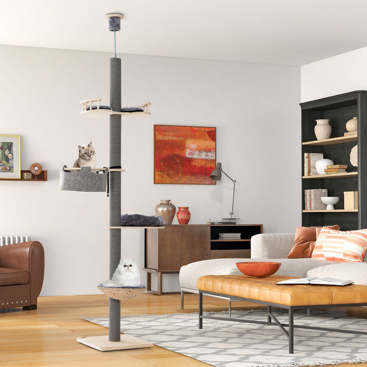 5-Tier Wooden Cat Tower Floor to Ceiling Cat Tree with Adjustable Height-Grey - TidySpaces