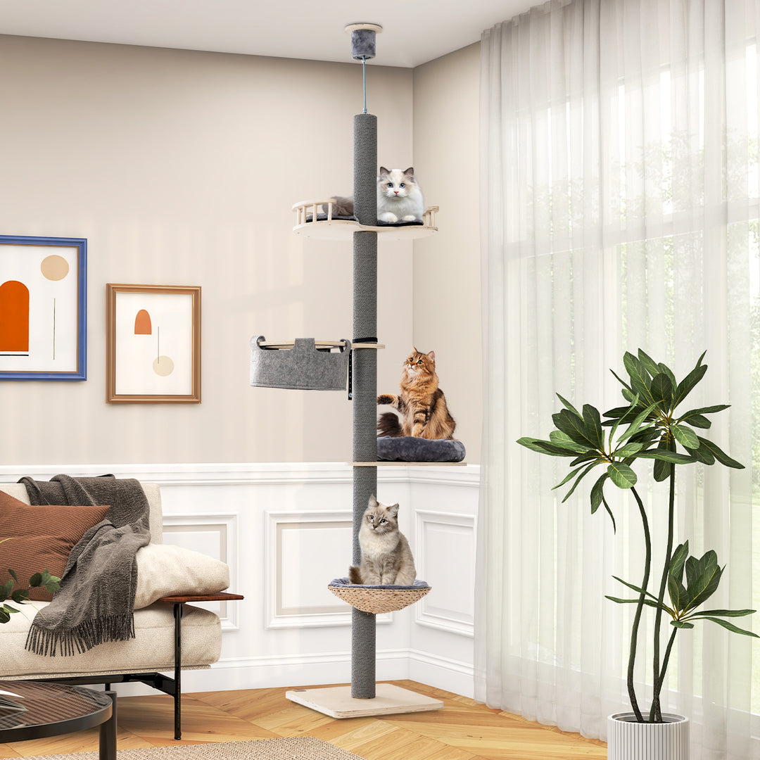 5-Tier Wooden Cat Tower Floor to Ceiling Cat Tree with Adjustable Height-Grey - TidySpaces