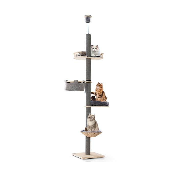 5-Tier Wooden Cat Tower Floor to Ceiling Cat Tree with Adjustable Height-Grey - TidySpaces