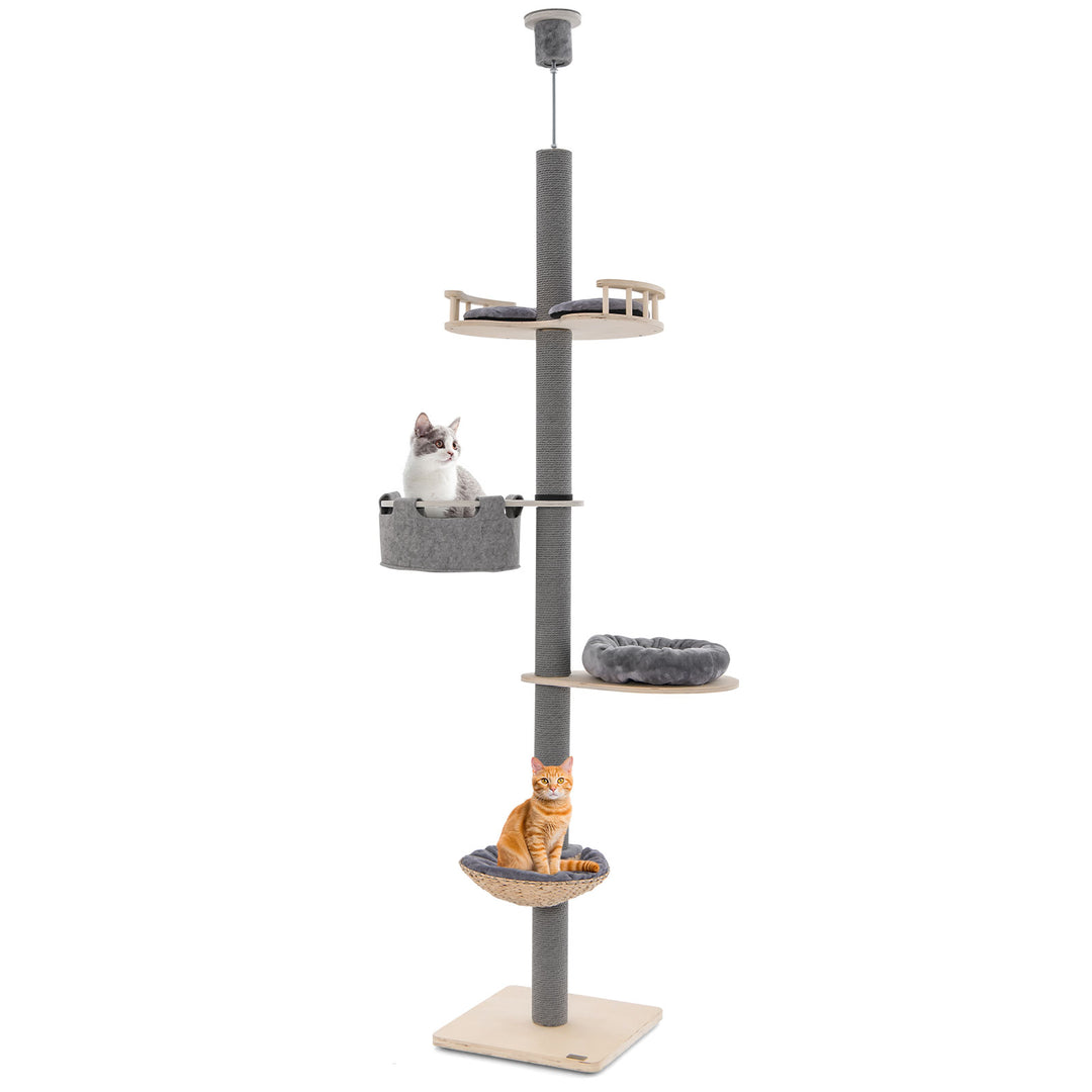 5-Tier Wooden Cat Tower Floor to Ceiling Cat Tree with Adjustable Height-Grey - TidySpaces