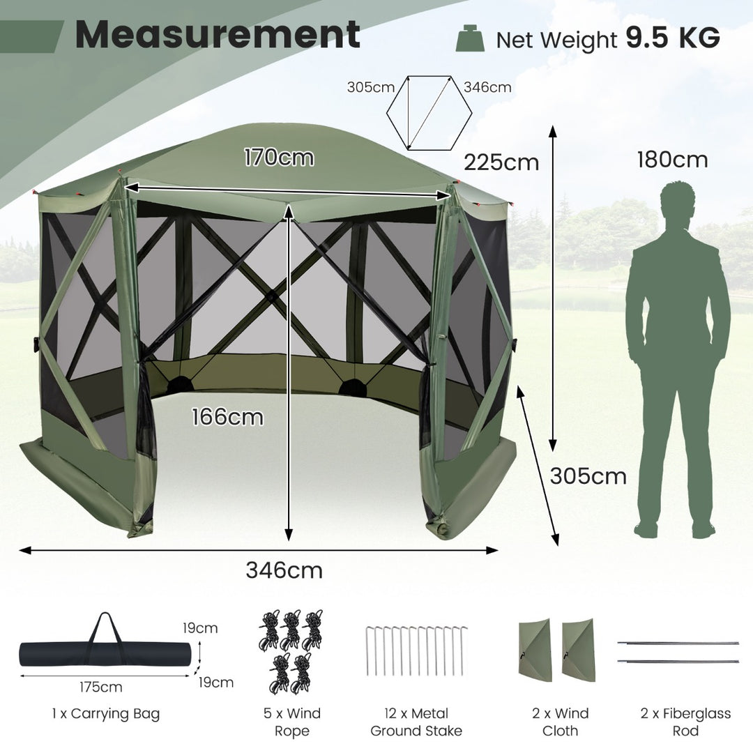 6-Sided Camping Gazebo Instant Setup Hub Tent with Portable Carrying Bag-Green - TidySpaces