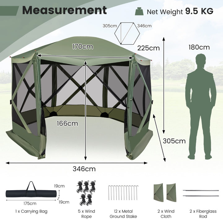 6-Sided Camping Gazebo Instant Setup Hub Tent with Portable Carrying Bag-Green - TidySpaces