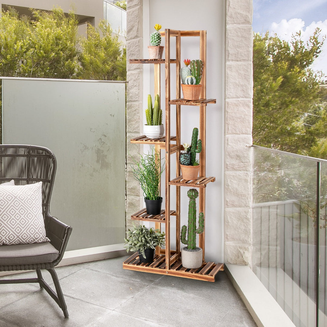6-tier Wood Plant Stand with Anti-tilting Device and Multifunctional Display Shelf - TidySpaces