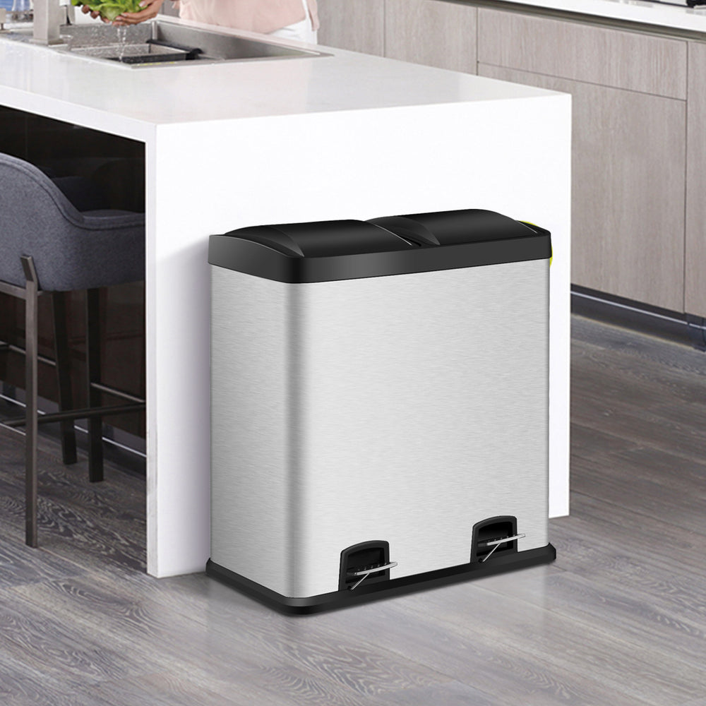 60L Stainless Steel Dual Step Double Bucket Recycling Trash Can - TidySpaces