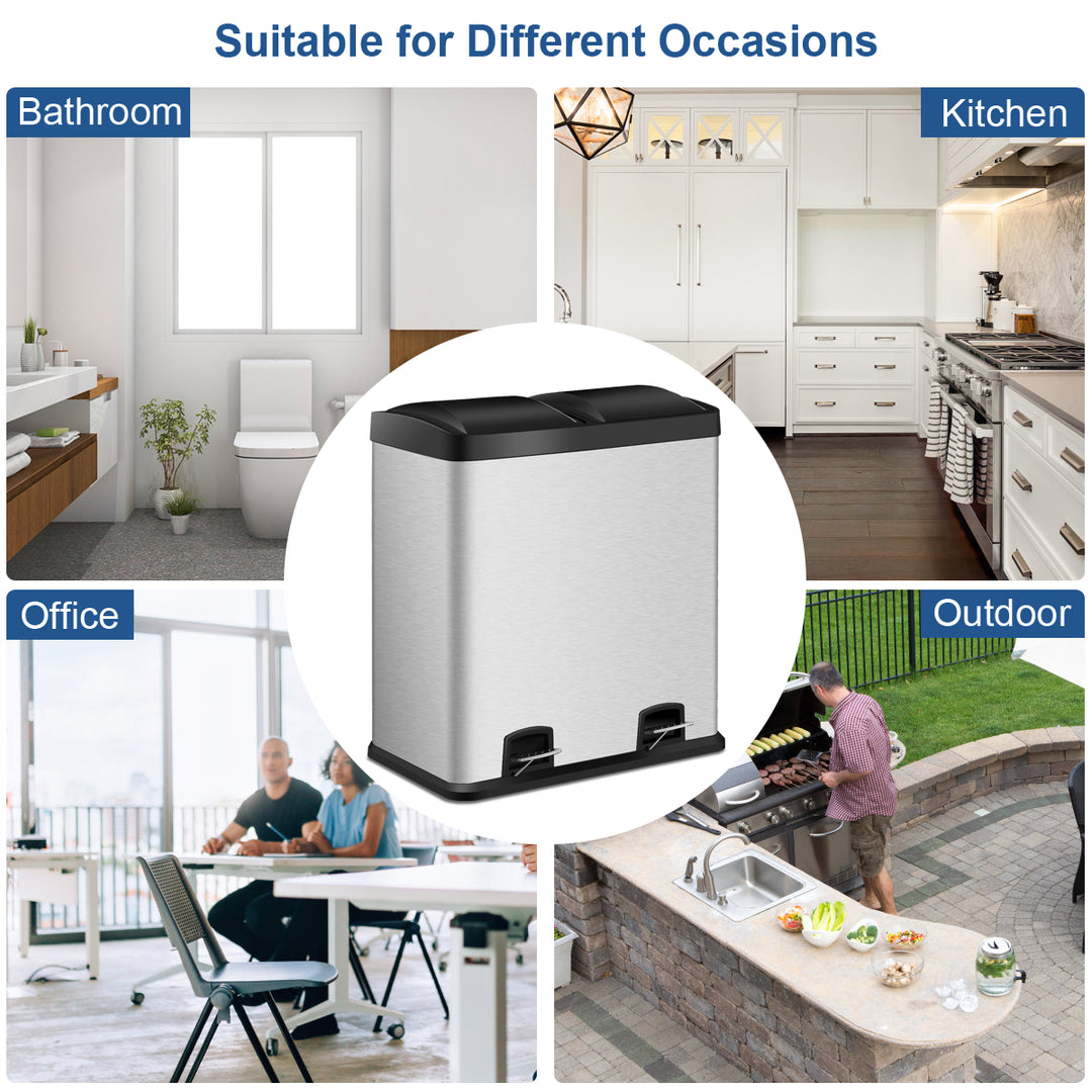 60L Stainless Steel Dual Step Double Bucket Recycling Trash Can - TidySpaces