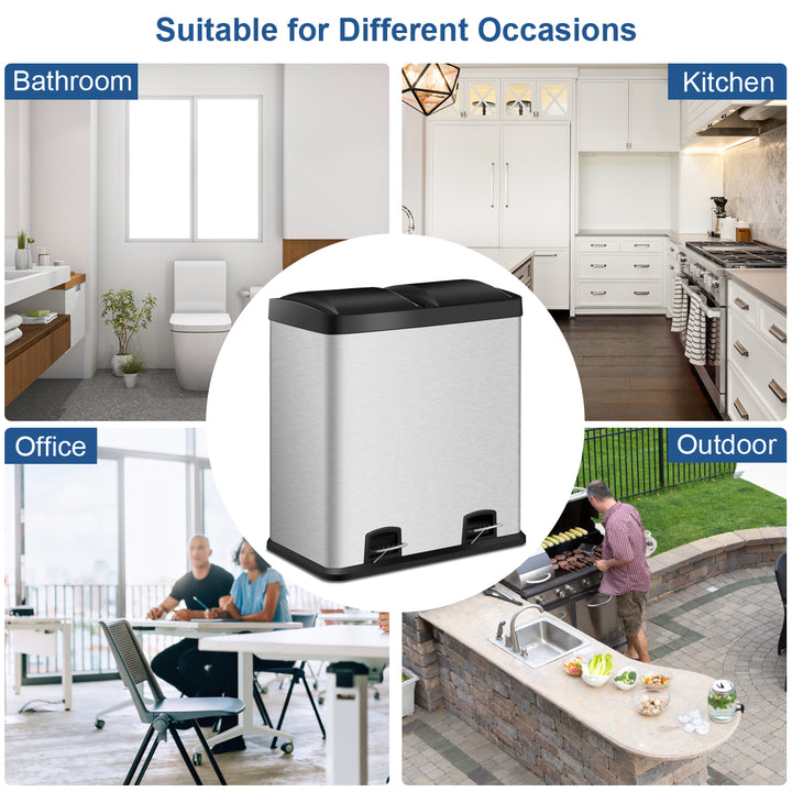 60L Stainless Steel Dual Step Double Bucket Recycling Trash Can - TidySpaces