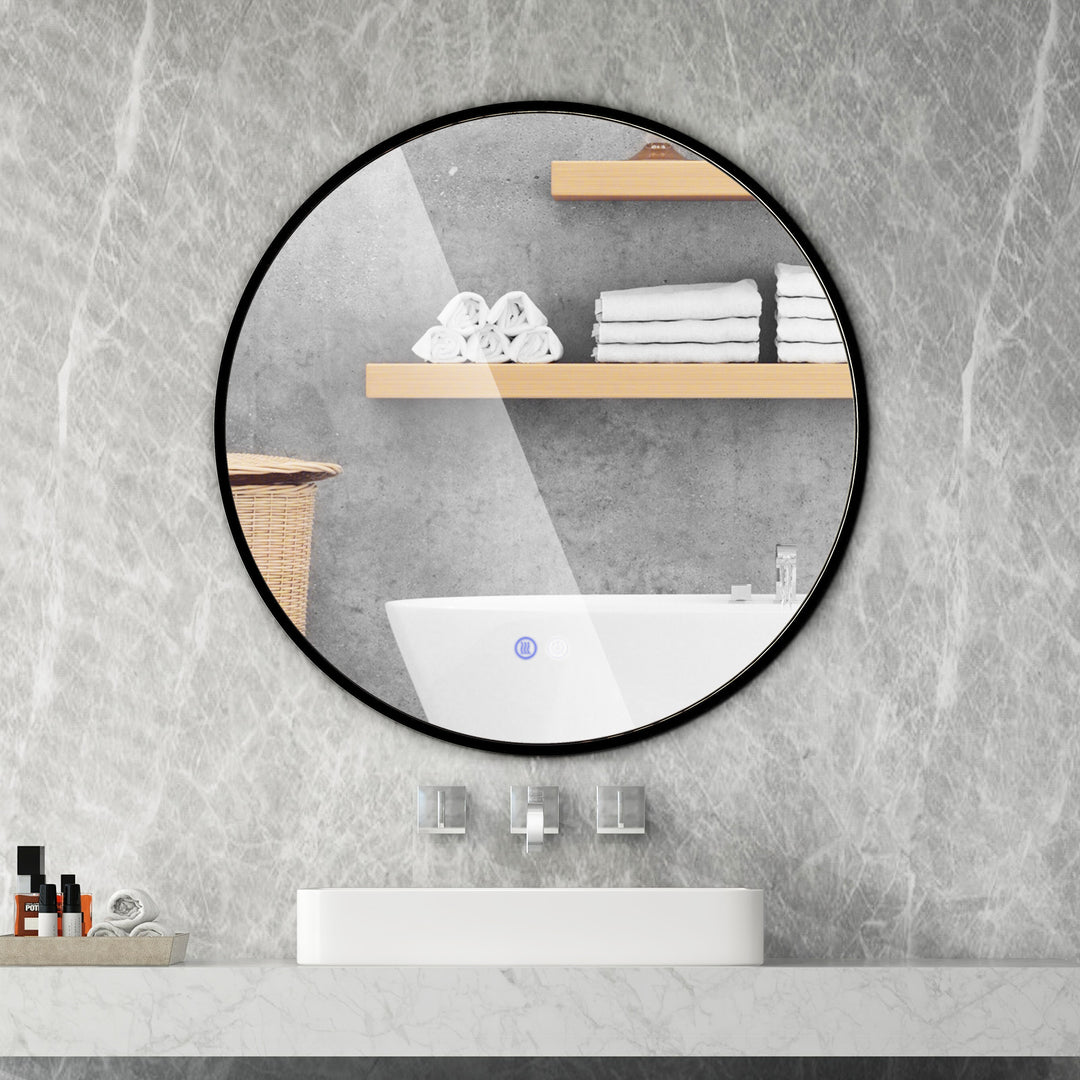 60 CM Round Bathroom Mirror with LED Lights and Anti-Fog Design-Black - TidySpaces