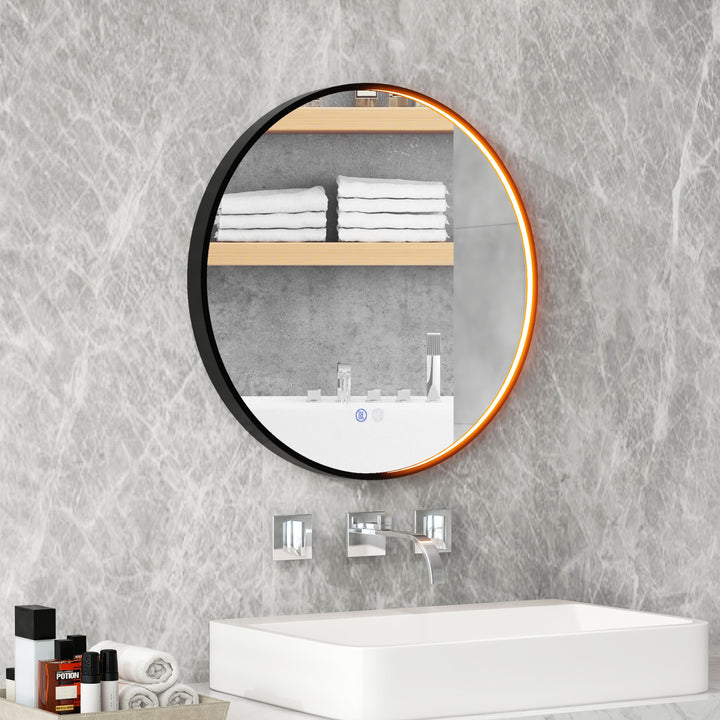 60 CM Round Bathroom Mirror with LED Lights and Anti-Fog Design-Black - TidySpaces