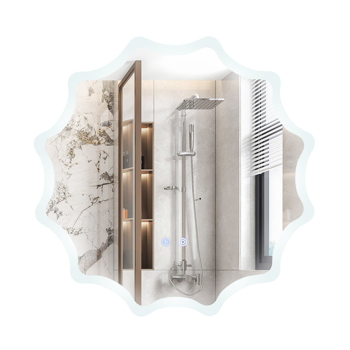 60 x 60 cm LED Waved Edge Round Wall Mirror with 3-Color Lights-Silver - TidySpaces