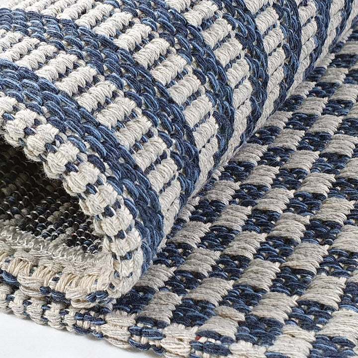 Cotton Rug Navy Blue Grey Braided Striped - TidySpaces