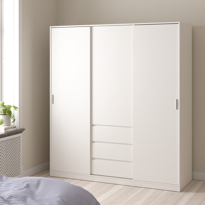 Naia Wardrobe with 2 sliding Doors + 1 Door + 3 drawers in White - TidySpaces