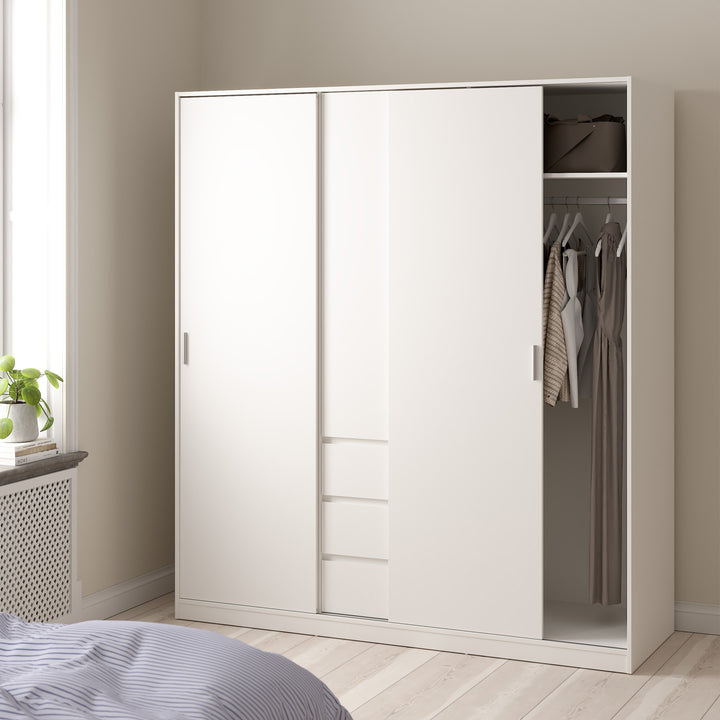 Naia Wardrobe with 2 sliding Doors + 1 Door + 3 drawers in White - TidySpaces