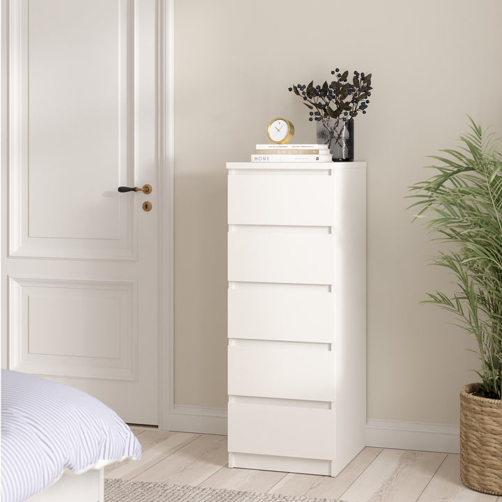 Naia Narrow Chest of 5 Drawers in White - TidySpaces