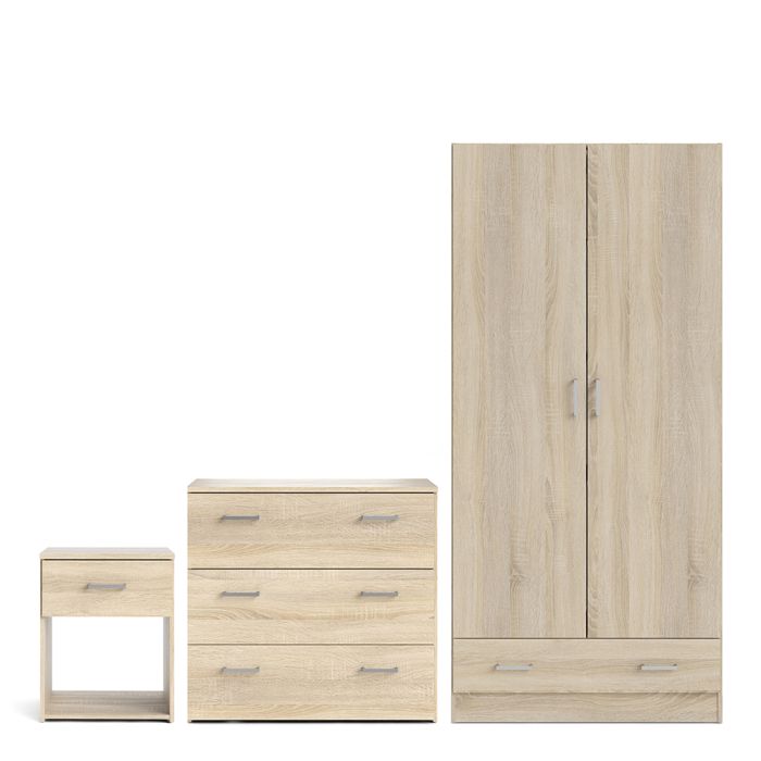 Space 3 Piece Bundle, Bedside, Chest and 2 Door 1 Drawer Wardrobe Oak - TidySpaces