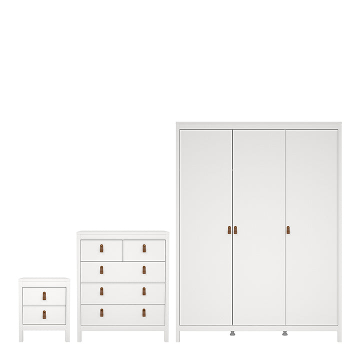 Barcelona 3 Piece Bundle, Bedside, Chest and 3 Door Wardrobe in White - TidySpaces