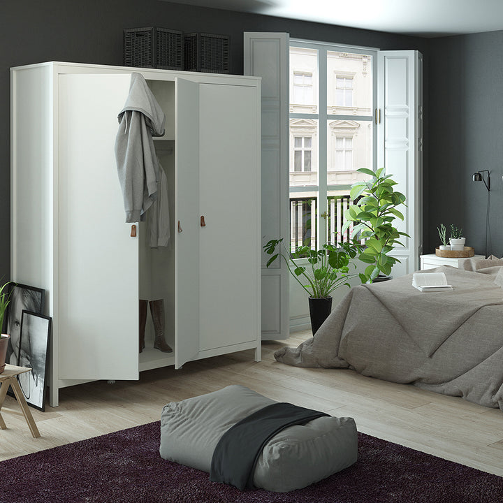 Barcelona 3 Piece Bundle, Bedside, Chest and 3 Door Wardrobe in White - TidySpaces