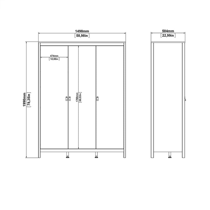 Barcelona 3 Piece Bundle, Bedside, Chest and 3 Door Wardrobe in White - TidySpaces