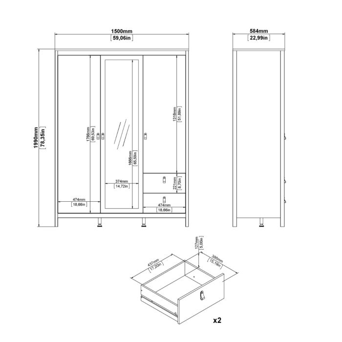 Barcelona Wardrobe with 2 Doors + 1 Mirror Door + 2 Drawers in Cashmere