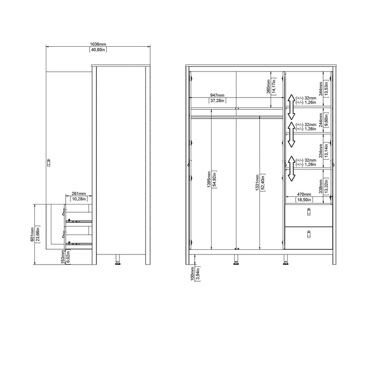 Barcelona Wardrobe with 2 Doors + 1 Mirror Door + 2 Drawers in Cashmere