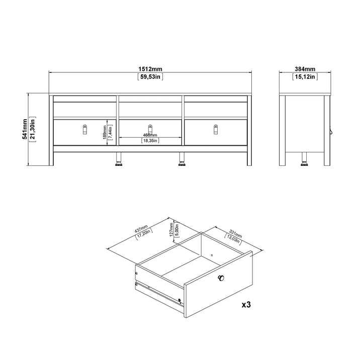Barcelona TV-Unit 3 Drawers in Jackson Hickory Oak - TidySpaces
