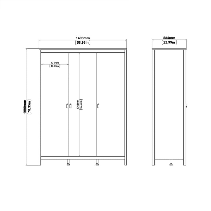 Barcelona 3 Piece Bundle, Bedside, Chest and 3 Door Wardrobe in Matt Black - TidySpaces