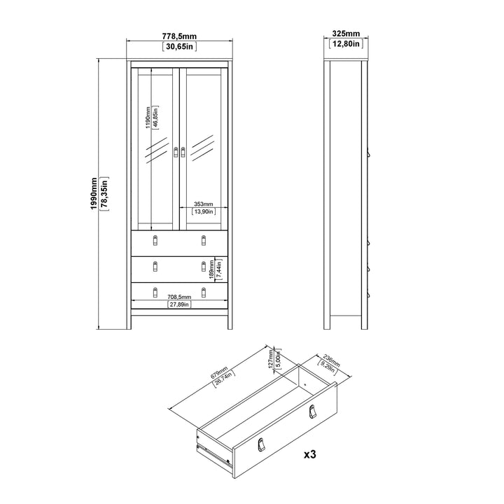 Madrid China Cabinet 2 Doors with Glass + 3 Drawers in Jackson Hickory Oak - TidySpaces