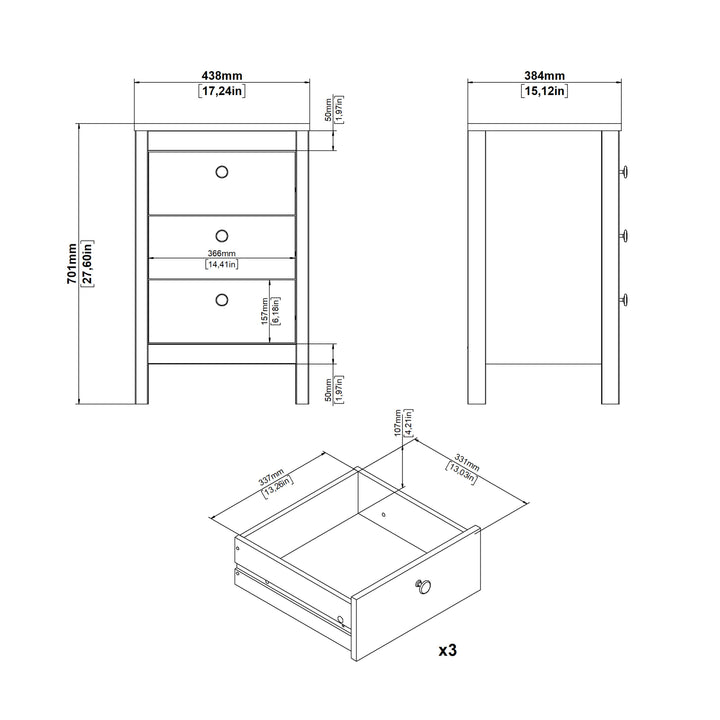 Madrid Bedside Table 3 Drawers in White - TidySpaces