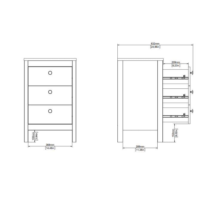 Madrid Bedside Table 3 Drawers in White - TidySpaces