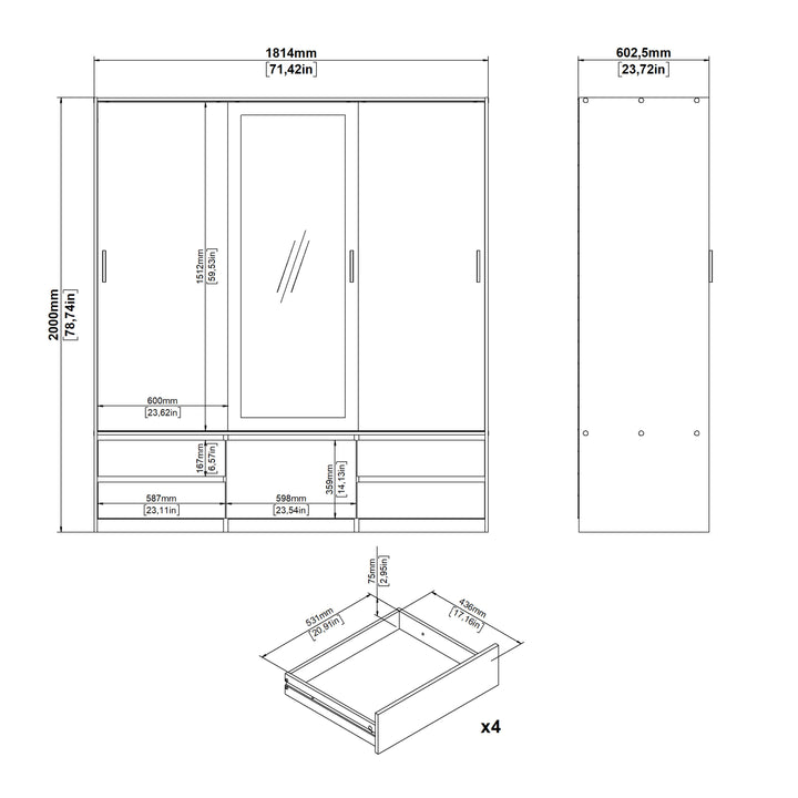 Line Wardrobe with 2 Sliding Doors 1 Sliding Door with Mirror in Jackson Hickory Oak - TidySpaces