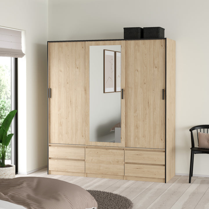 Line Wardrobe with 2 Sliding Doors 1 Sliding Door with Mirror in Jackson Hickory Oak - TidySpaces