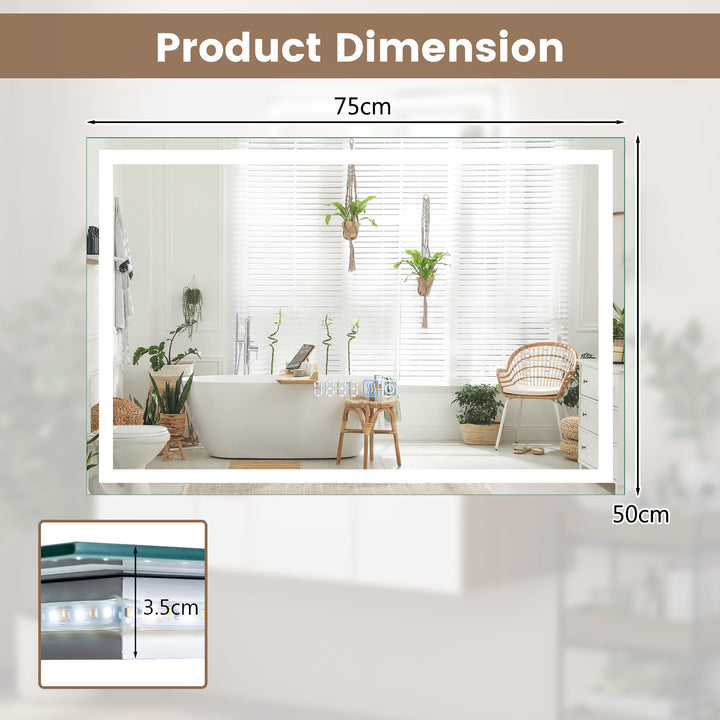 75 x 50 CM LED Wall Mounted Rectangle Mirror with 3-Color Dimmable Lights - TidySpaces