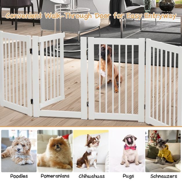 4 Panels Wooden Dog Gate with Door Walk Through-White - TidySpaces
