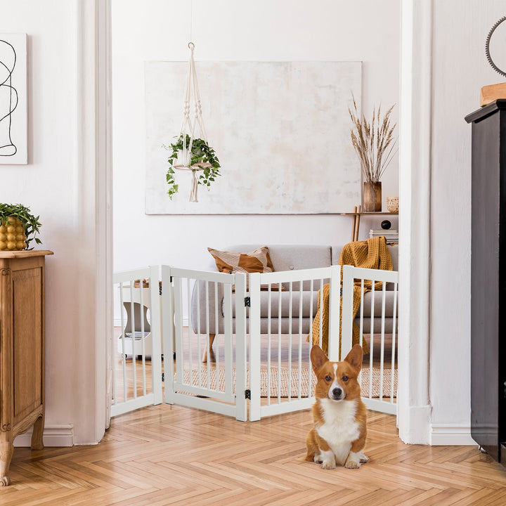 4 Panels Wooden Dog Gate with Door Walk Through-White - TidySpaces