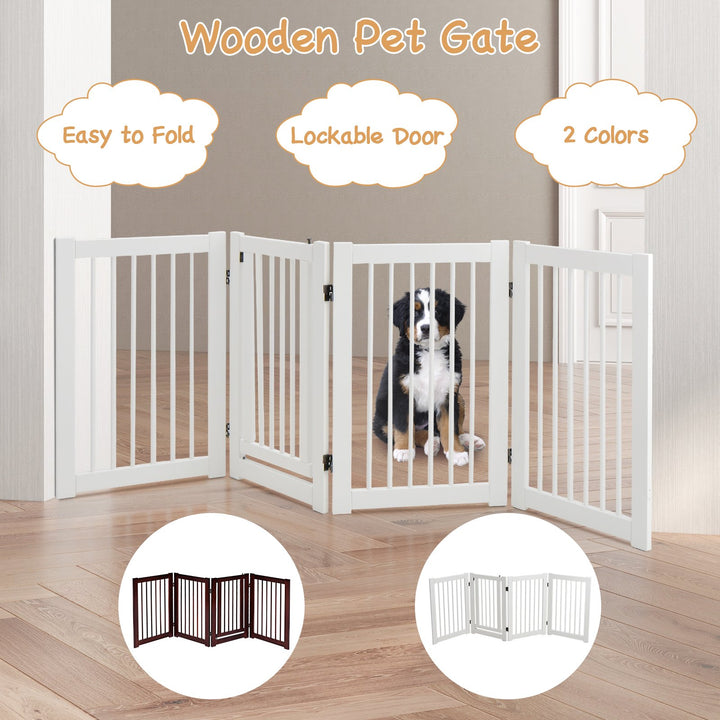 4 Panels Wooden Dog Gate with Door Walk Through-White - TidySpaces
