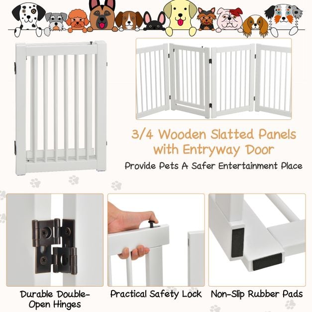 4 Panels Wooden Dog Gate with Door Walk Through-White - TidySpaces
