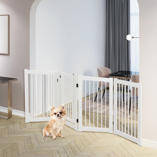 4 Panels Wooden Dog Gate with Door Walk Through-White - TidySpaces