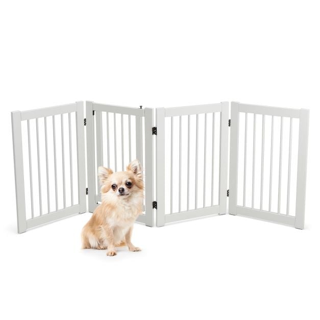 4 Panels Wooden Dog Gate with Door Walk Through-White - TidySpaces