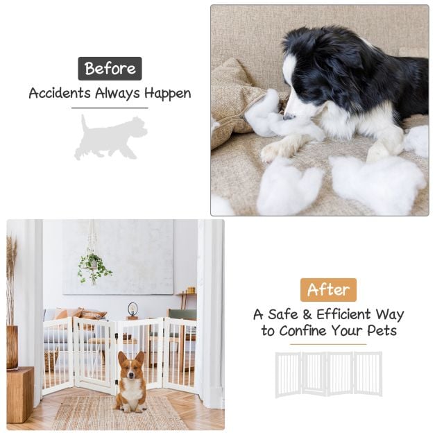 4 Panels Wooden Dog Gate with Door Walk Through-White - TidySpaces