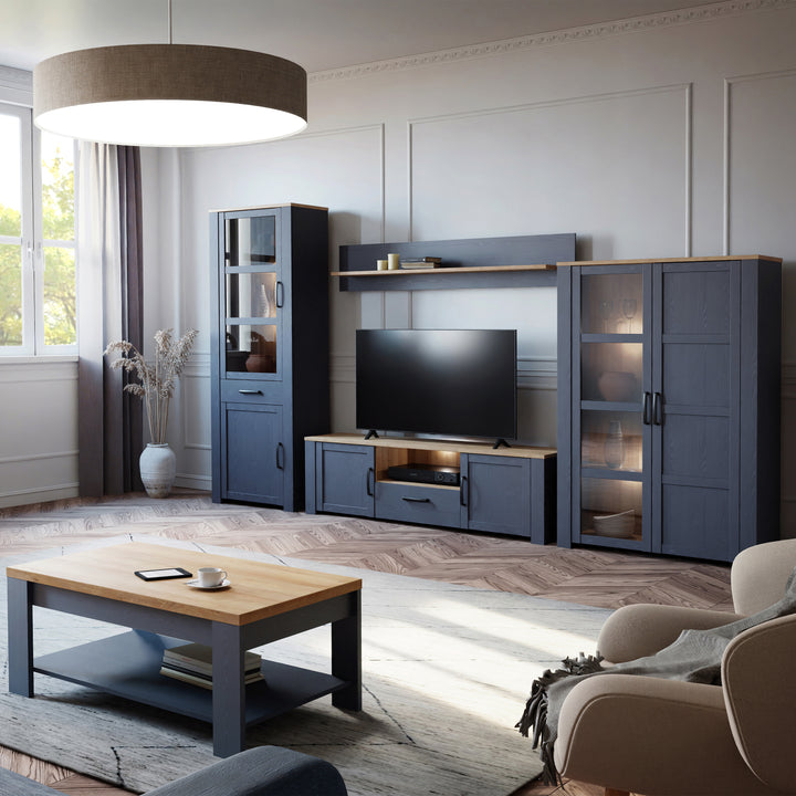 Bohol Display Cabinet inc. 2x LED Lights in Riviera Oak/Navy - TidySpaces