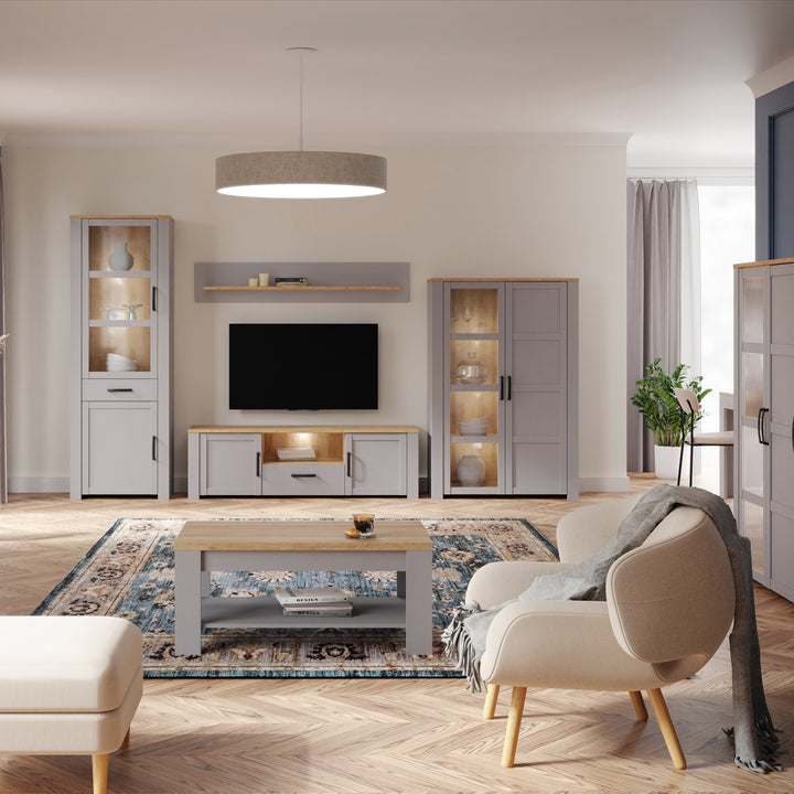 Bohol Display Cabinet inc. 2x LED Lights in Riviera Oak/Grey Oak - TidySpaces