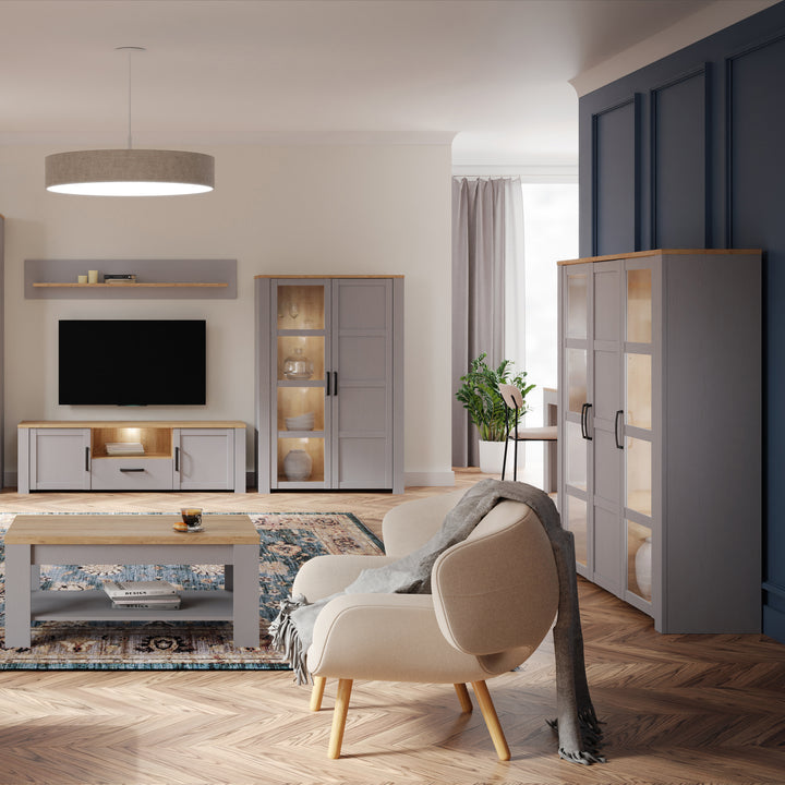 Bohol Large Display Cabinet inc. 4x LED Lights in Riviera Oak/Grey Oak - TidySpaces