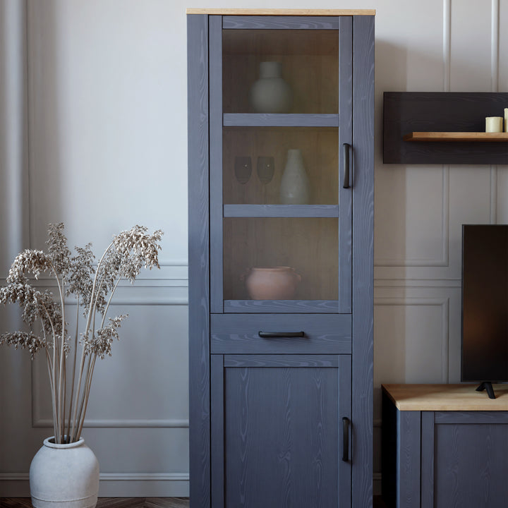 Bohol Narrow Display Cabinet inc. 2x LED Lights in Riviera Oak/Navy - TidySpaces