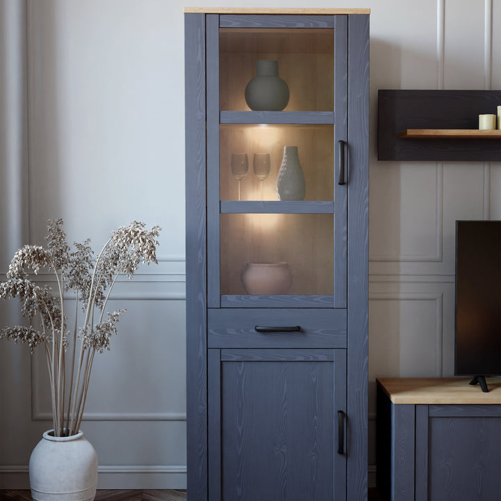 Bohol Narrow Display Cabinet inc. 2x LED Lights in Riviera Oak/Navy - TidySpaces