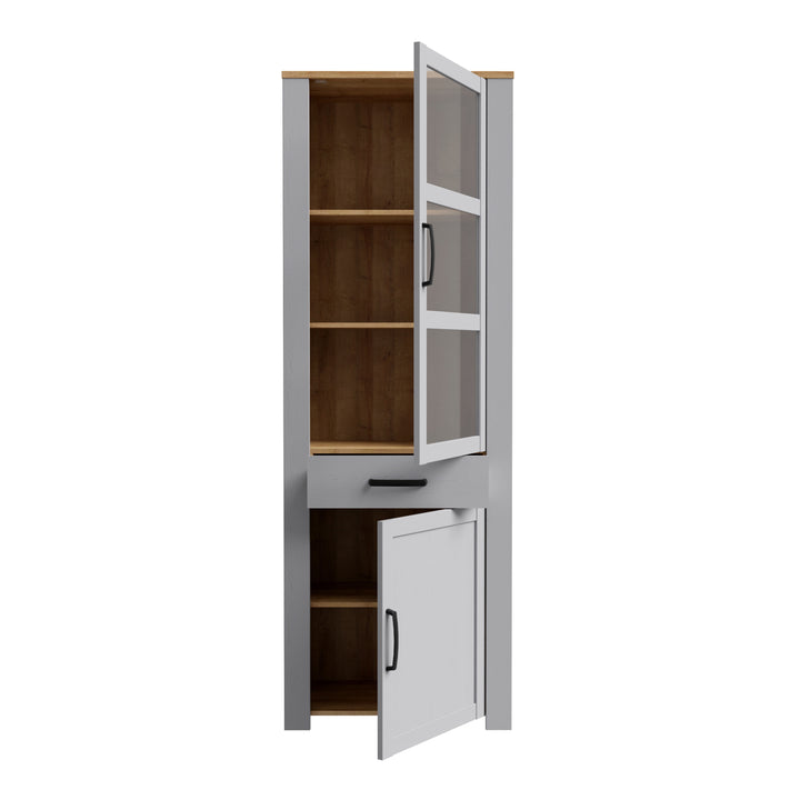 Bohol Narrow Display Cabinet inc. 2x LED Lights in Riviera Oak/Grey Oak - TidySpaces