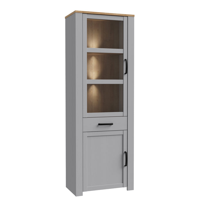 Bohol Narrow Display Cabinet inc. 2x LED Lights in Riviera Oak/Grey Oak - TidySpaces