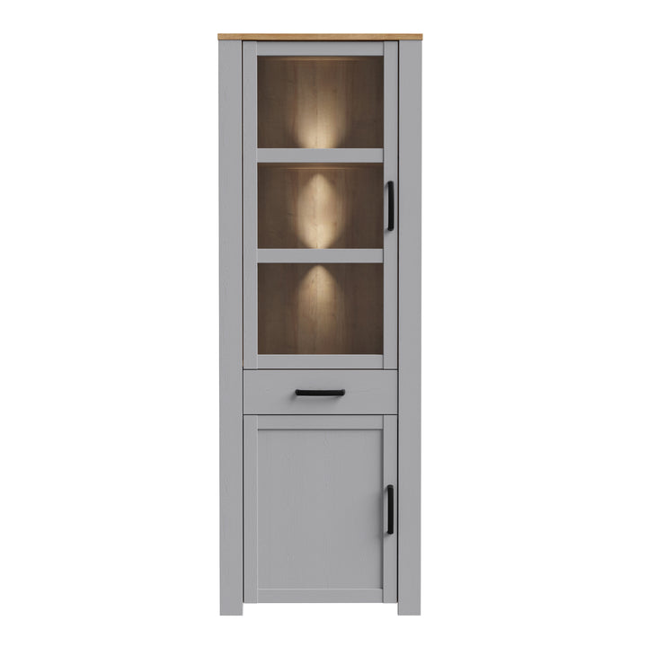 Bohol Narrow Display Cabinet inc. 2x LED Lights in Riviera Oak/Grey Oak - TidySpaces